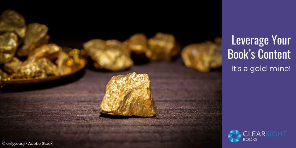 gold nuggets on a dark wooden surface. text: Leverage your book's content: It's a gold mine!