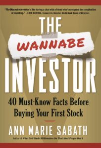 The Wannabe Investor book cover: gold background with rust-red trim and white text