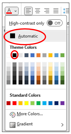 red circles indicating the Automatic color and the black color options in the text color menu (Word)