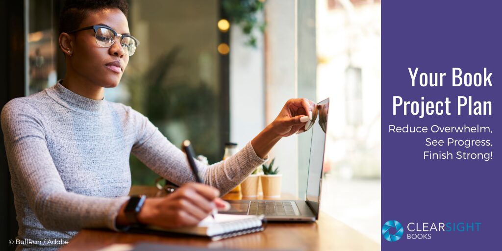 Thoughtful Black woman with laptop and writing in a notebook. Test: Your Book Project Plan: Reduce overwhelm, see progress, finish strong!