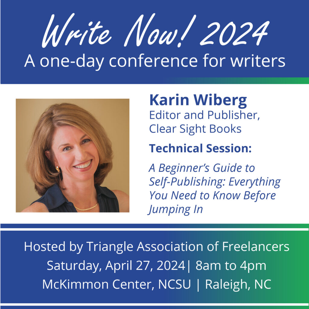 Promotional graphic for the Write Now! conference. Blu, green and white, with a photo of Karin.