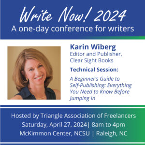 Promotional graphic for the Write Now! conference. Blu, green and white, with a photo of Karin.