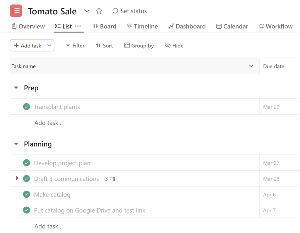 Partial task list from Asana project plan for tomato sale.
