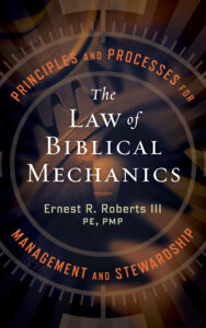 The Law of Biblical Mechanics book cover: brown background of mechanical cogs; orange and write lettering.