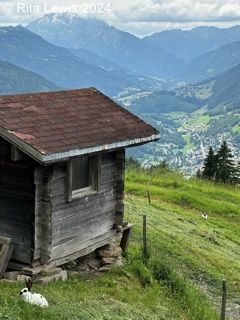 rustic shed on a mountainside with view of mountains in the distance