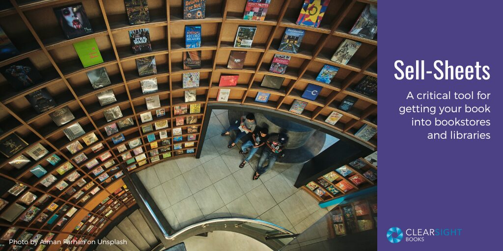 View from the top of a curved stairs with books lining the curved walls and three people sitting one a bench on one of the landings. Text: Sell-sheets: A critical tool for getting your book into bookstores and libraries