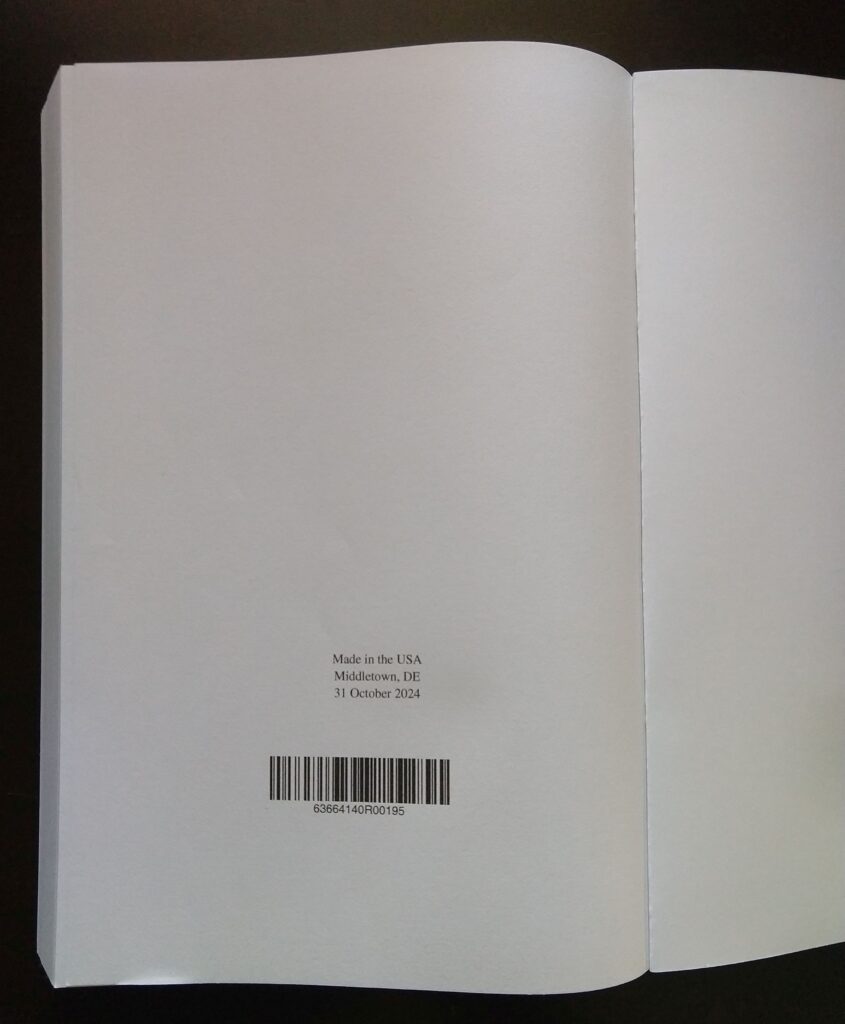 The last page of a print-on-demand paperback book with a barcode on it.