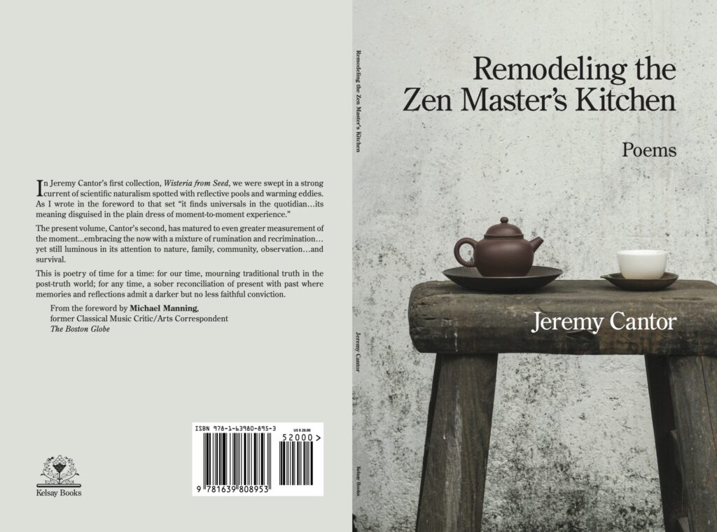 A book cover in very neutral greyish tone with a wooden stool and brown teapot on the cover.
