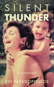 Silent Thunder book cover with a picture of the author as a young woman with her young daughter; they are outside wearing swimming suits and laughing together.