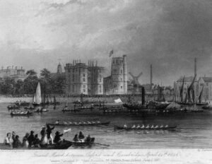 a black and white print of the Oxford-Cambridge boat race from 1841