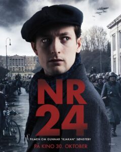 Norwegian poster for Number 24. The main character as a young man wearing a beret and looking determined as Nazis march in the background.