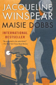 Maisie Dobbs book cover: orange background with dark figures holding umbrellas in London.