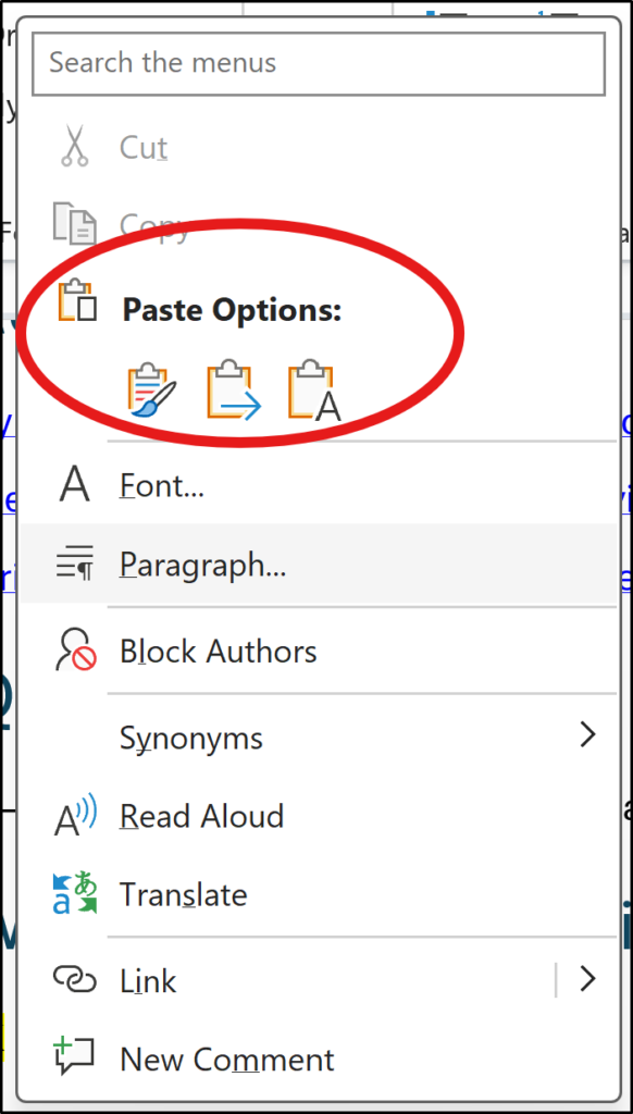 Paste Options menu using right click