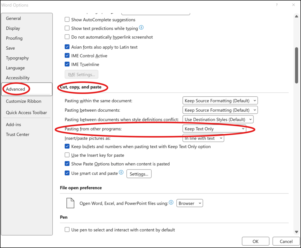 Paste settings in Word options