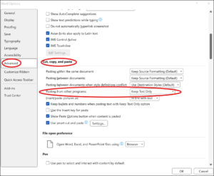 Paste settings in Word options