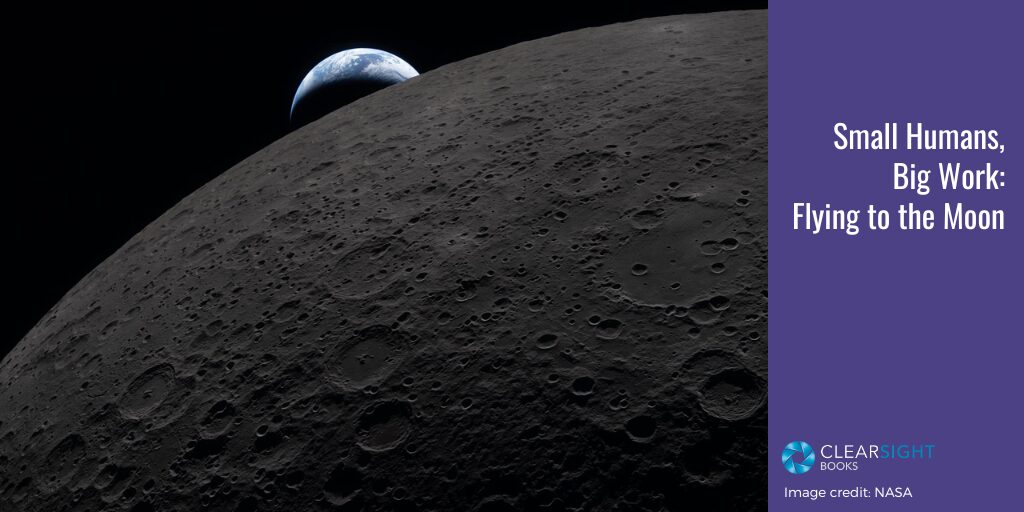 Earthset captured through the Orion spacecraft window April 6, 2026, during the Artemis II crew’s flyby of the Moon. A muted blue Earth with bright white clouds sets behind the cratered lunar surface. The dark portion of Earth is in nighttime. On Earth’s day side, swirling clouds are visible over the Australia and Oceania region. Text: Small Humans, Big Work: Flying to the Moon.