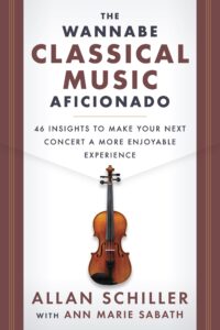 The Wannabe Classical Music Aficionado book cover. White background with a a "flap" like a formal envelope, with reddish brown stripes down the left/right sides, and a violin in the middle.